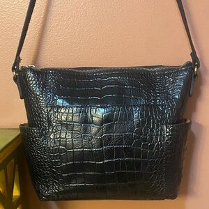 Patricia Nash Black Croc-Embossed Leather Shoulder Bag 10x9.5x3
